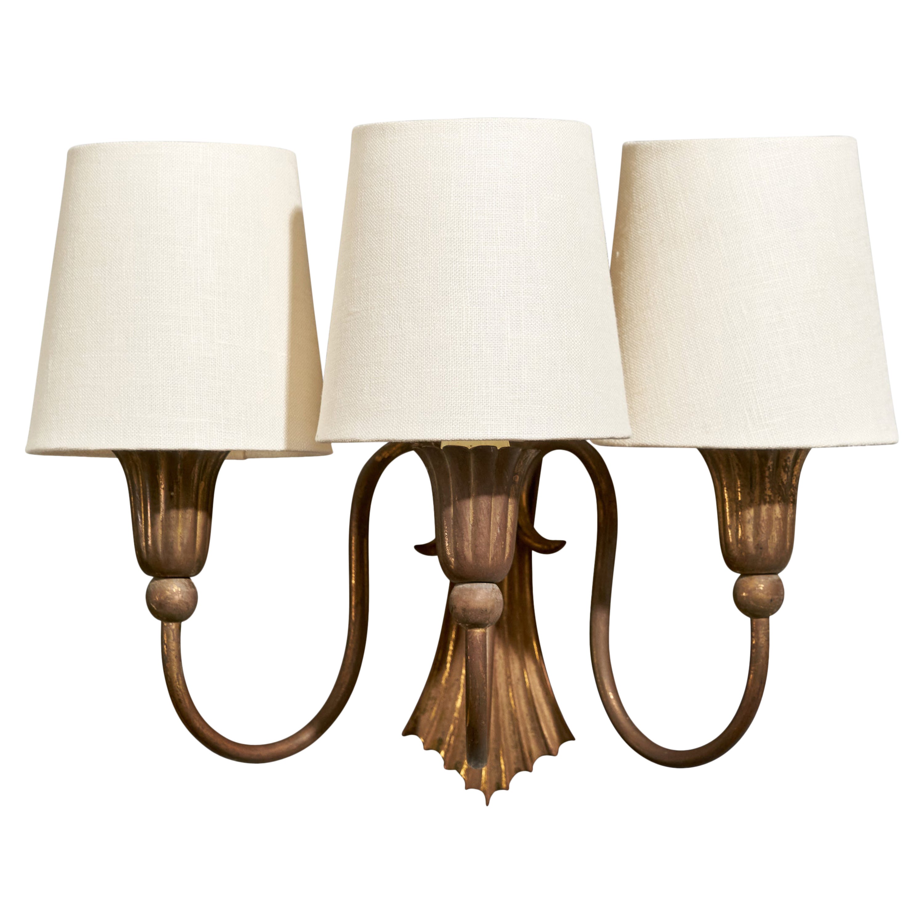 Lampada da parete di design italiano, ottone, tessuto, Italia, anni '1930