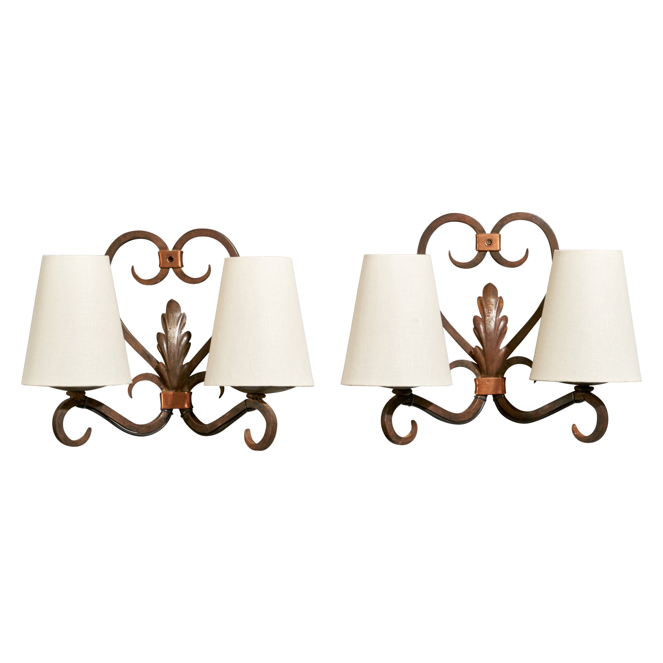 French Designer, Wall Lights, Iron, Fabric, France, 1930s
