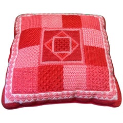 1970’s Pink Geometric Needlepoint Pillow, Signed and Dated