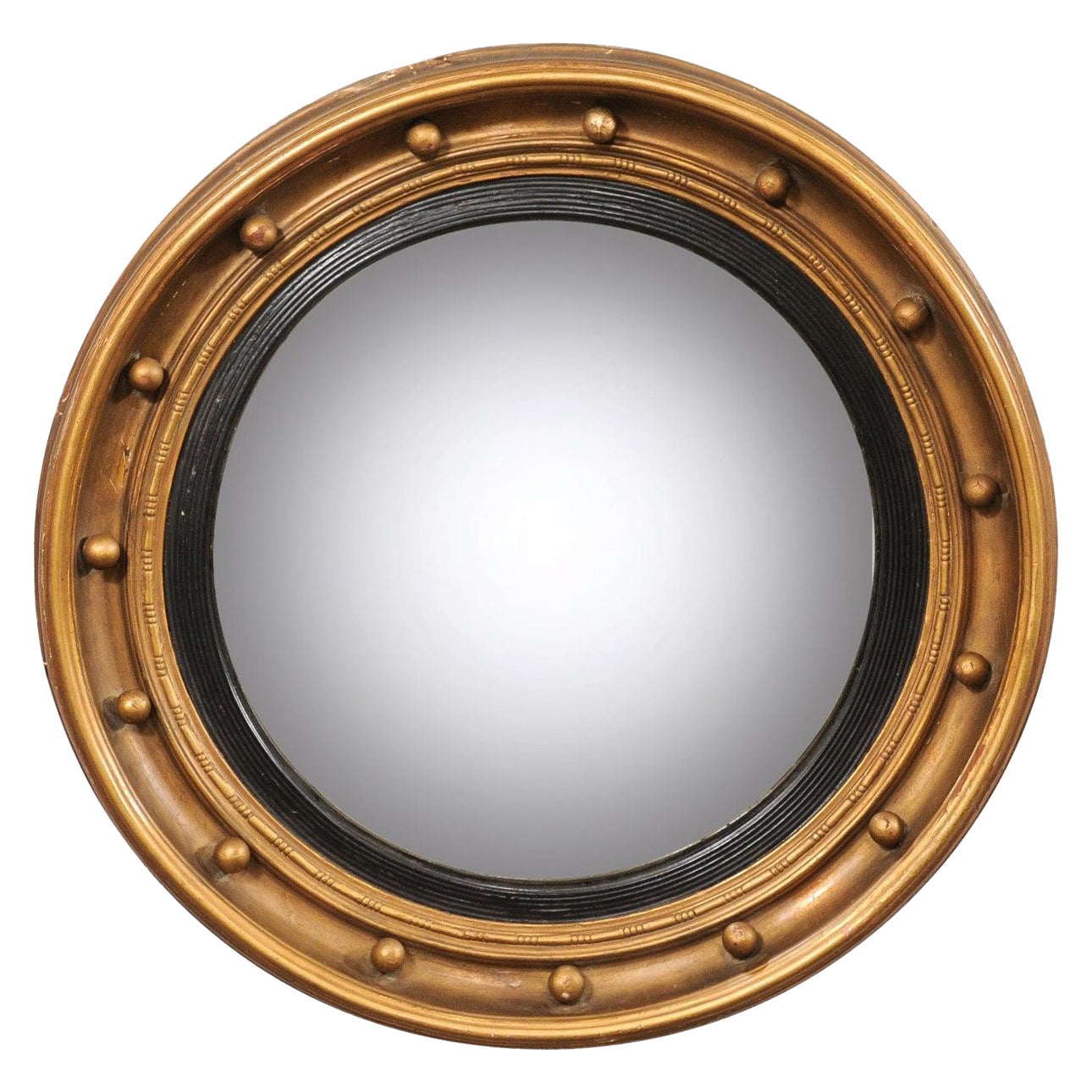 19th C. Bulls-Eye Mirror w/Convex Center, Black & Bronze For Sale