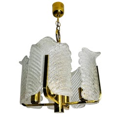 Large Rare Midcentury 4-Arm Brass and Ice Glass Chandelier, 1960s
