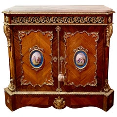 Antique French Marble Top Kingwood & Ormolu Mounted Sevres Cabinet, CIRCA 1870.