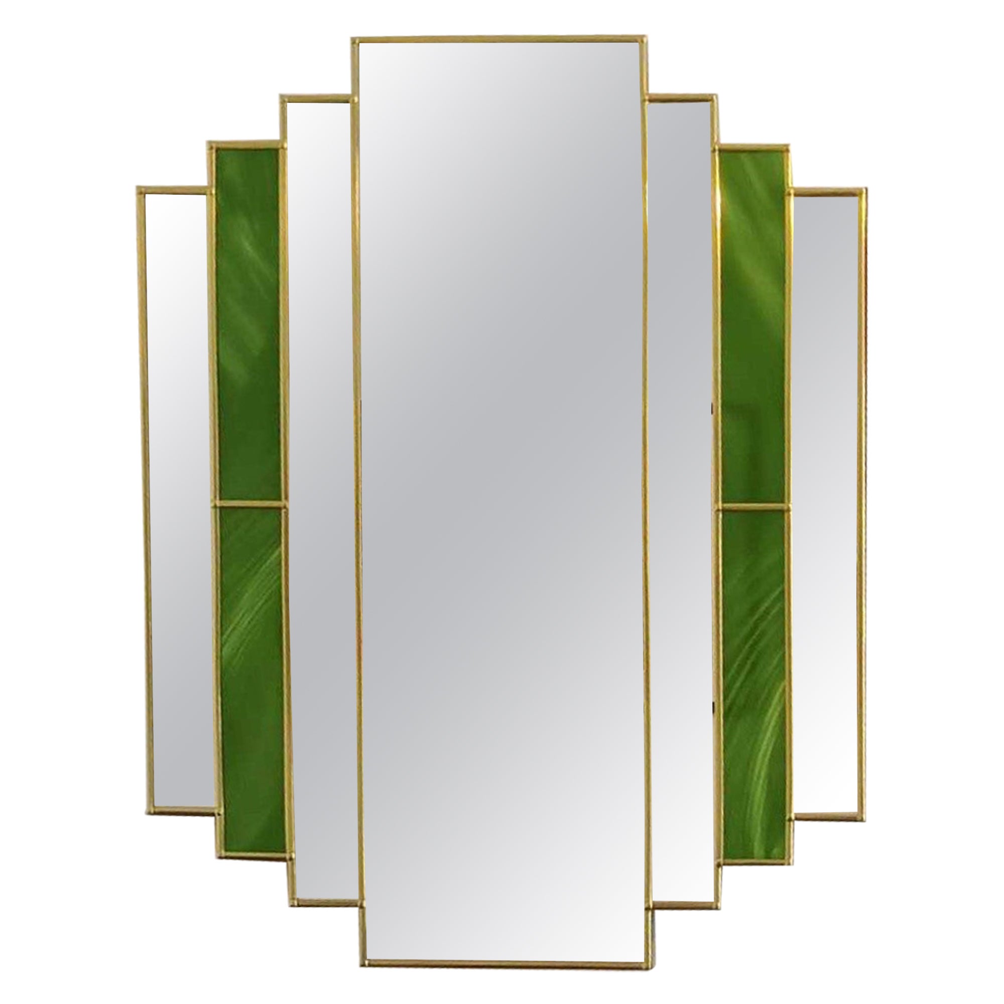 Art Deco Wall Mirror in Green and Brass "Supreme"