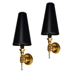 André Arbus French Bronze Neoclassical Hand Sconces, Wall Lamps, Pair