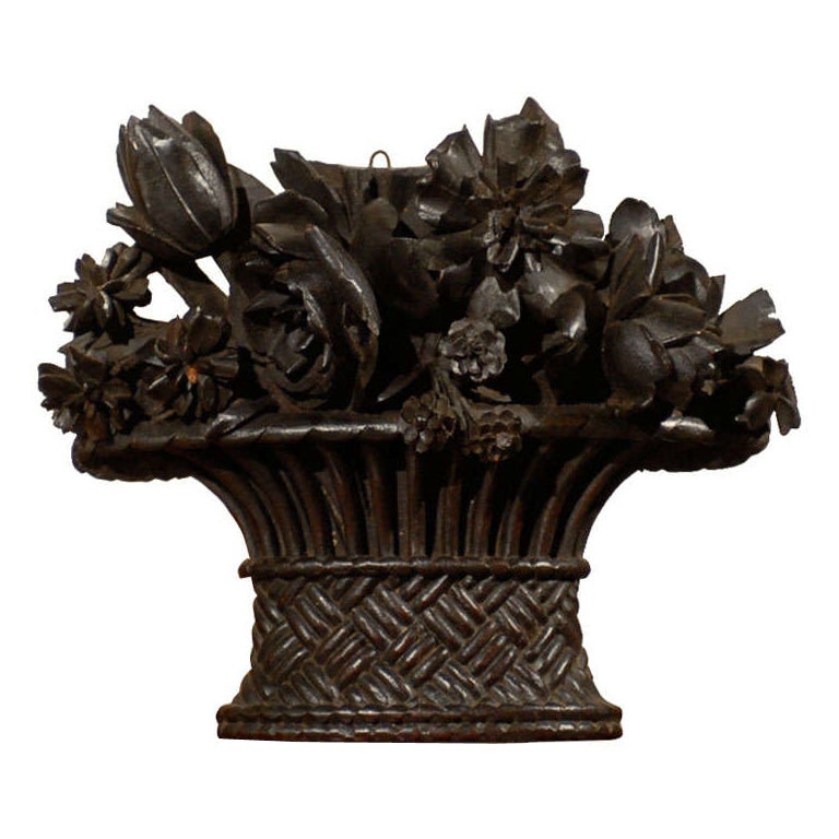French Hand-Carved Basket of Flowers Sculpture with Dark Patina, 19th Century For Sale