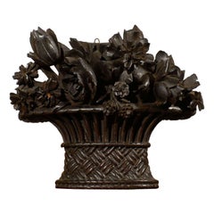 French Hand-Carved Basket of Flowers Sculpture with Dark Patina, 19th Century