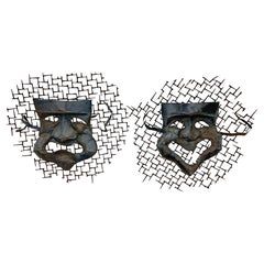 Pair of Brutalist Thespian Wall Sculptures in Manner of Weinberg Circa 1950s