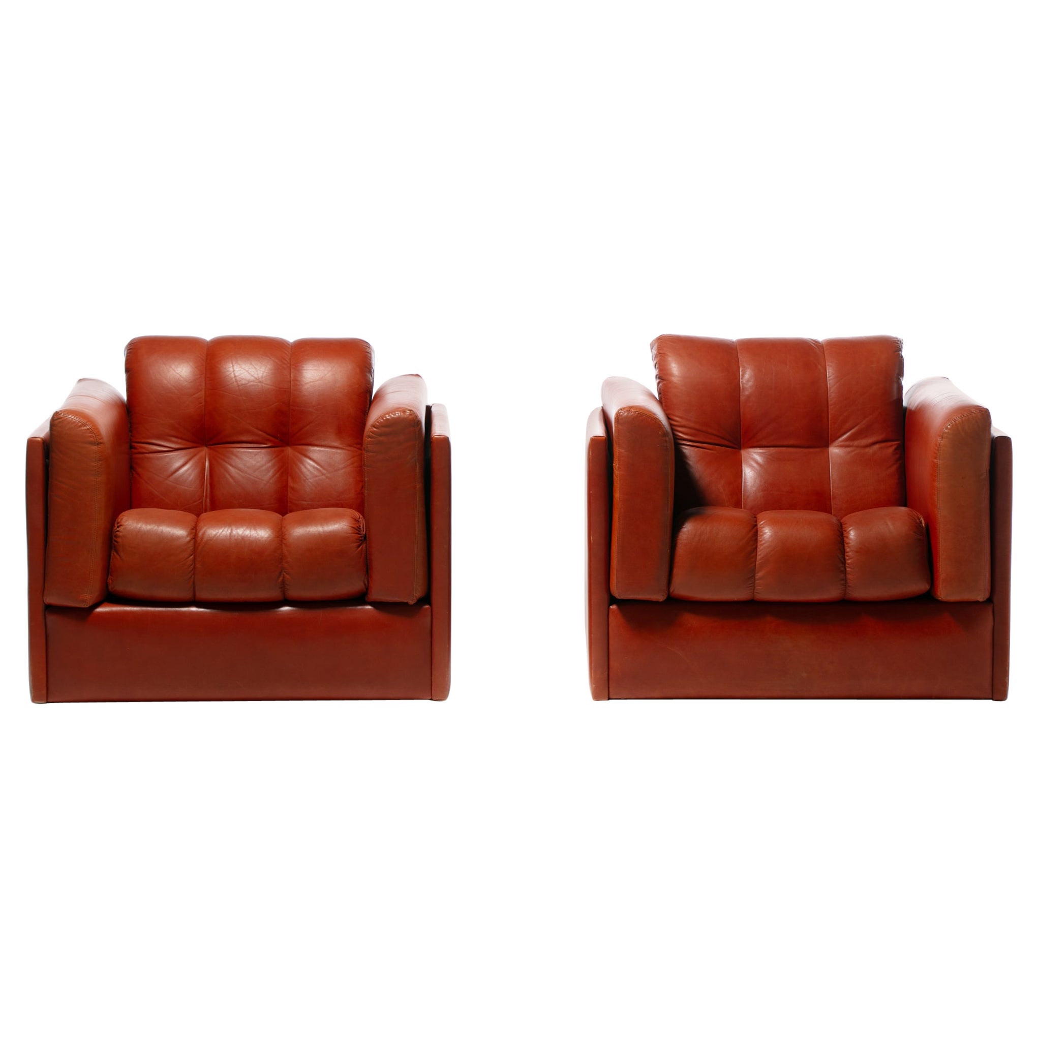 1970s Architectural Mid Century Modern Club Chairs in Cognac Leather