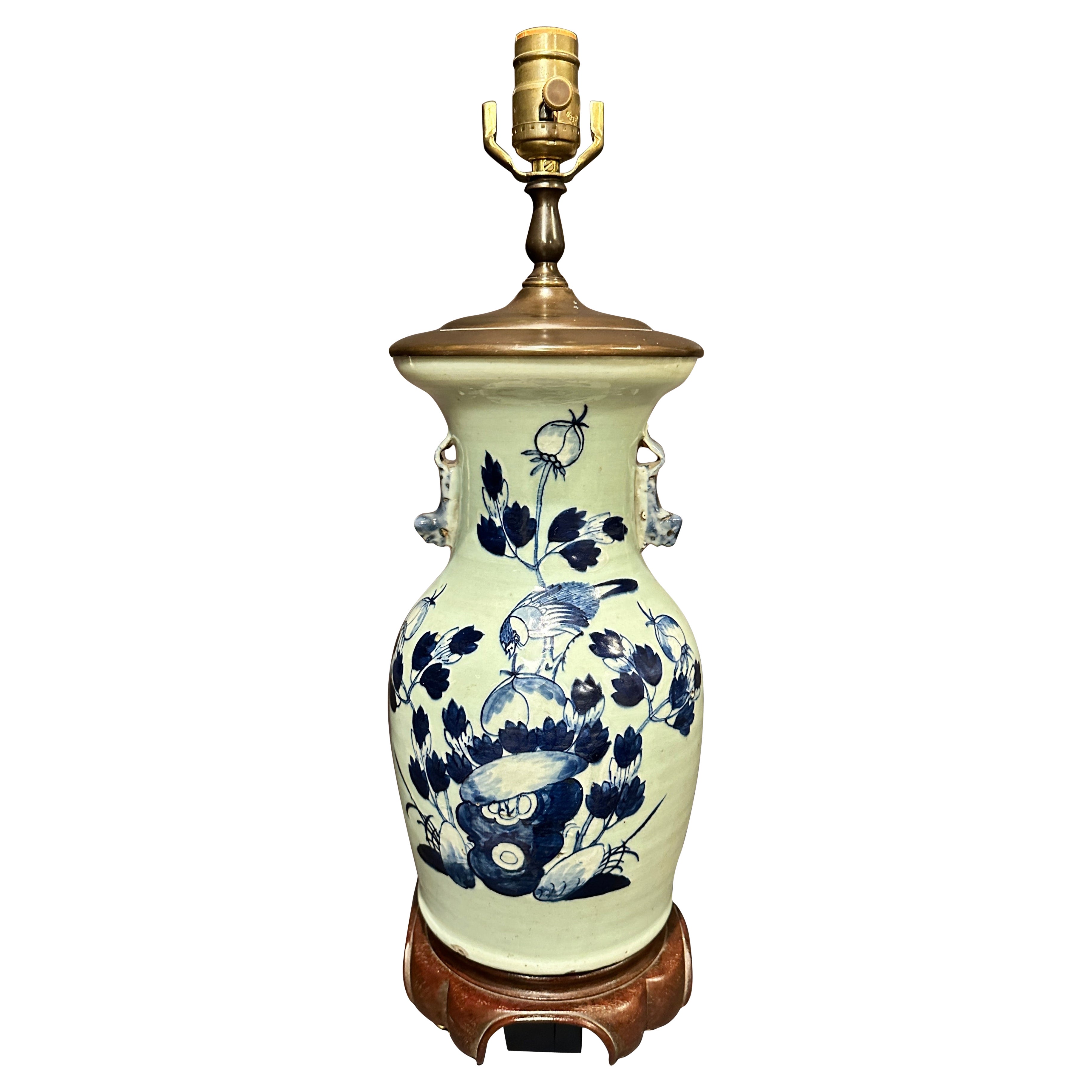 Antique Chinese Blue And White Porcelain Vase As Lamp