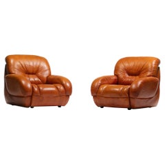 1970s Italian Mid Century Modern Plush Carmel Leather Club Chairs