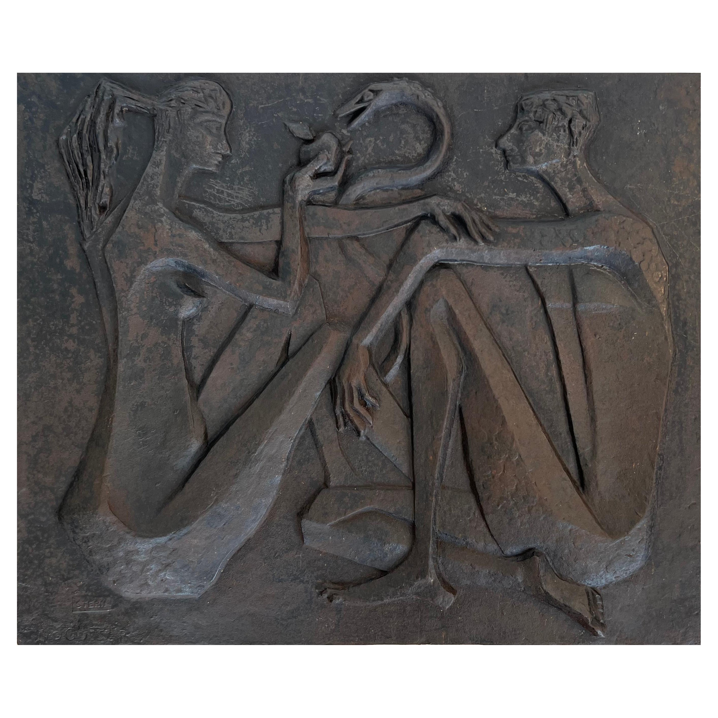 Modernist Cast Iron Fireback Representing Adam and Eve, the Apple and the Snake. For Sale