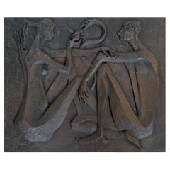 Modernist Cast Iron Fireback Representing Adam and Eve, the Apple and the Snake.