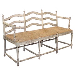 Vintage French Provincial Style Ladder Back Bench Rush Seat Painted