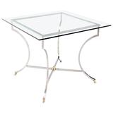 Table de jeu carrée à pieds en forme de sabot en laiton et plateau en verre chromé