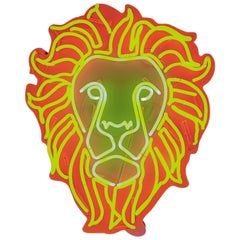 Used Large Neon Wall Light, Yellow and Orange Lions Face, Handmade in England, 2017