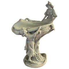 Art Nouveau Ceramic Bohemian Vase Two Female Figures Royal Dux Shell Centerpiece