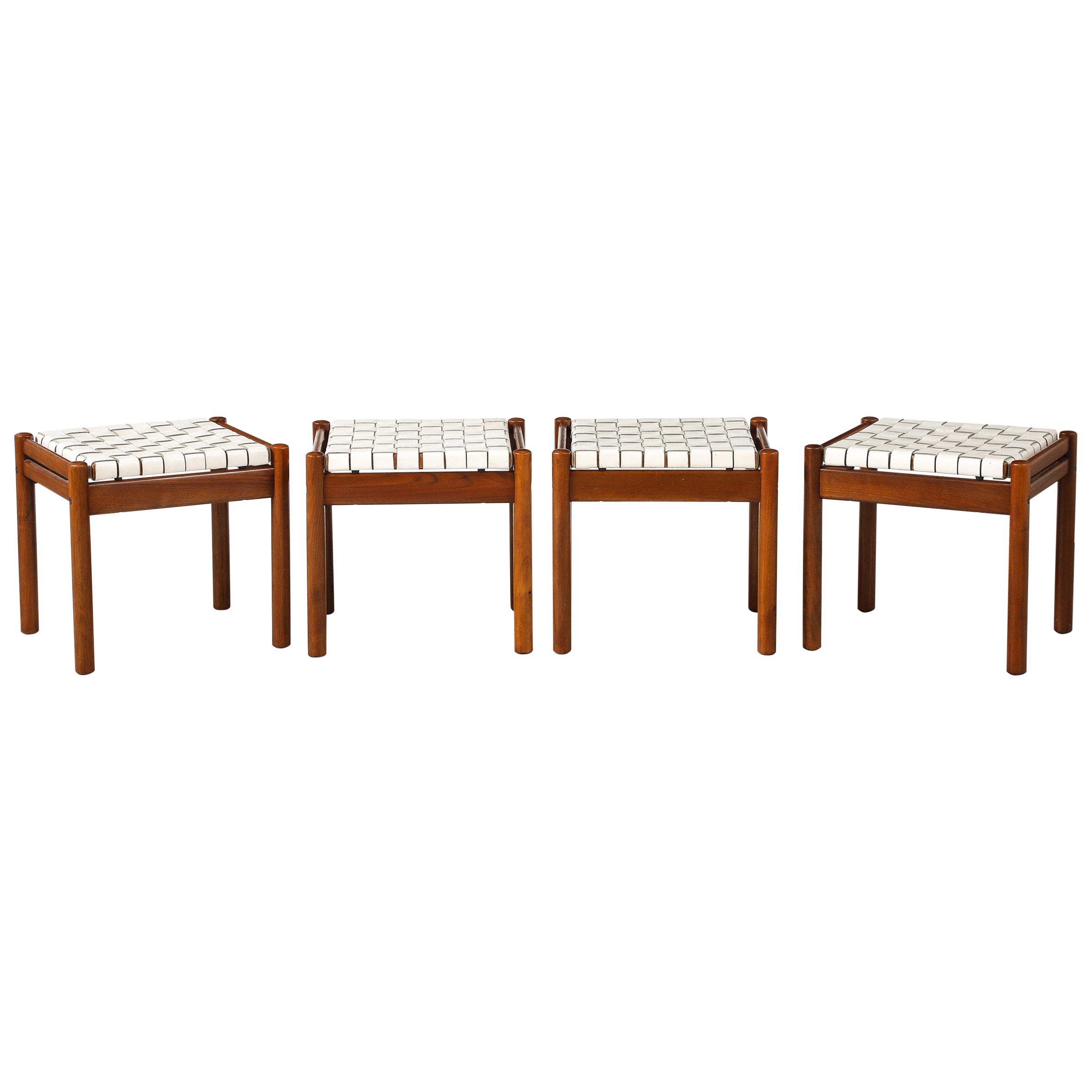 Italian 1960's Walnut Stools with Woven Leather Seats
