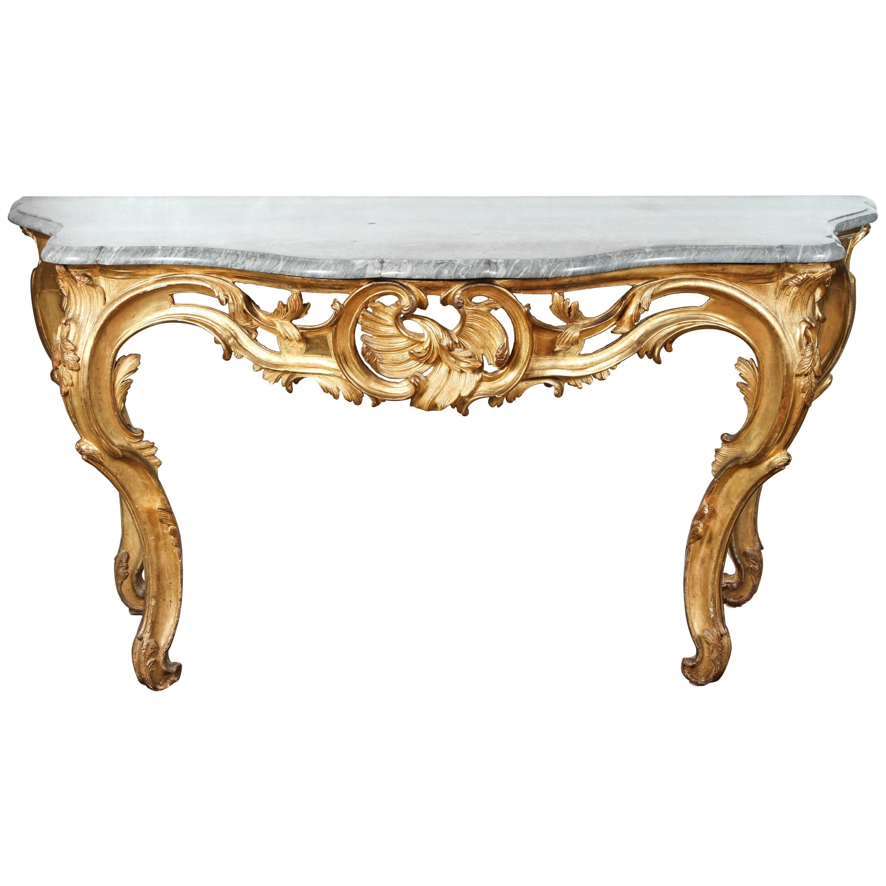 Console en bois doré français du 19ème siècle avec plateau en marbre d'origine