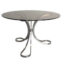 French Round Dining Table Smoked Glass and Chrome, Mid-century
