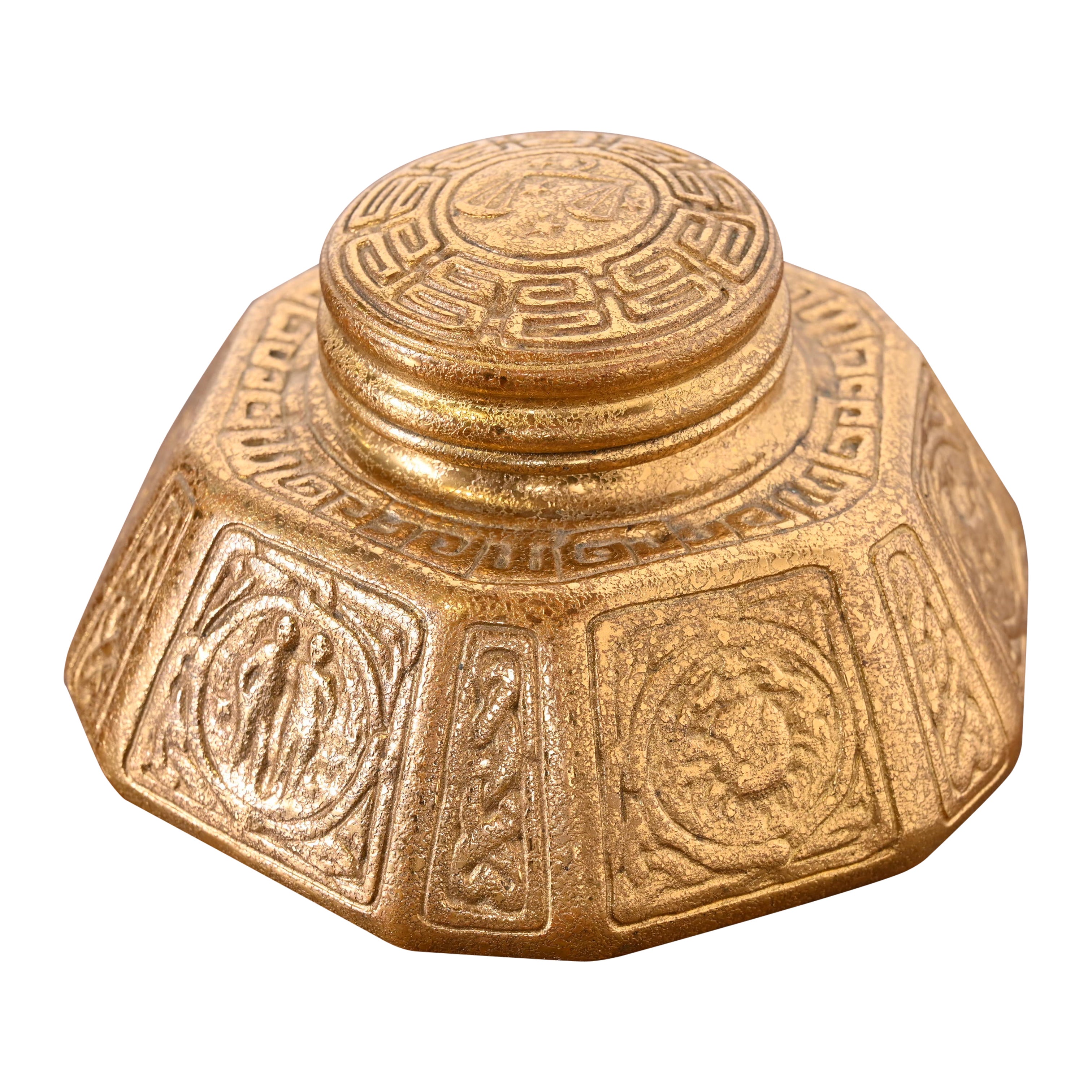 Tiffany Studios New York Grand encrier en bronze Zodiac Doré