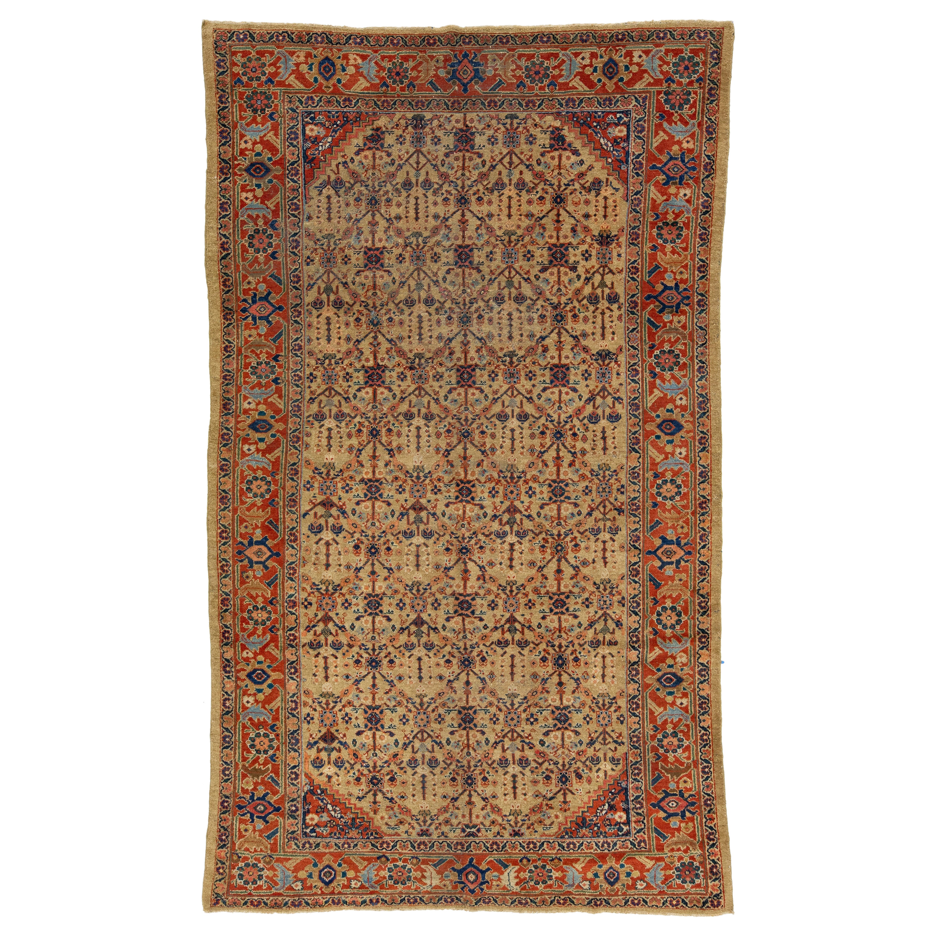 Antique Persian Mahal Tan Wool Rug Handmade with Allover Pattern