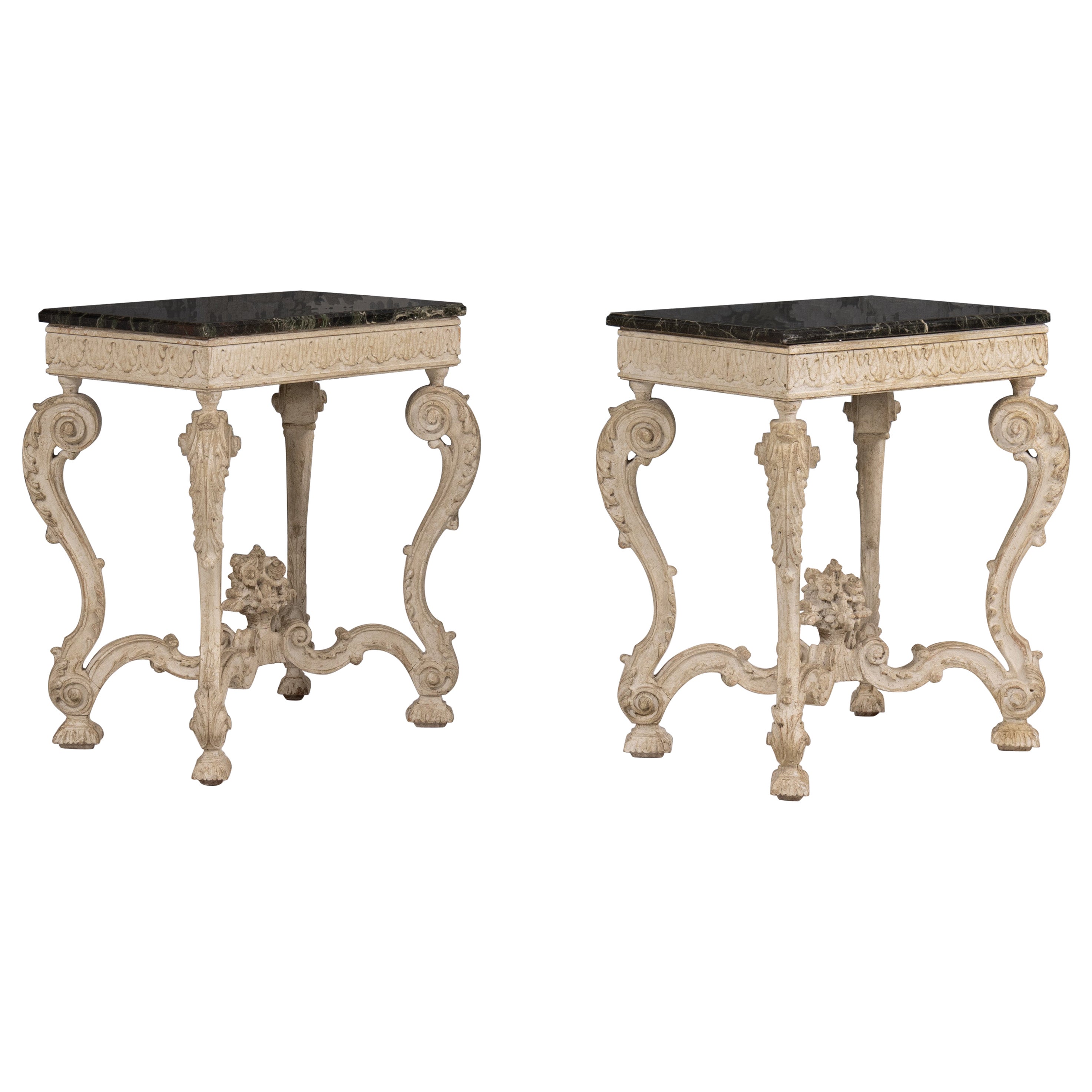 Pair, French Recency Maison Jansen Original Paint Tables with Campan Marble Tops