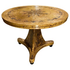 Vintage Biedermeier Style Scroll Marquetry Burlwood Round Center Table