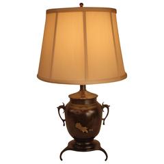 Japanese Bronze Lamp with Inlaid Gold and Silver