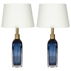 Pair of Exquisite Crystal Lamps in Midnight Blue by Orrefors