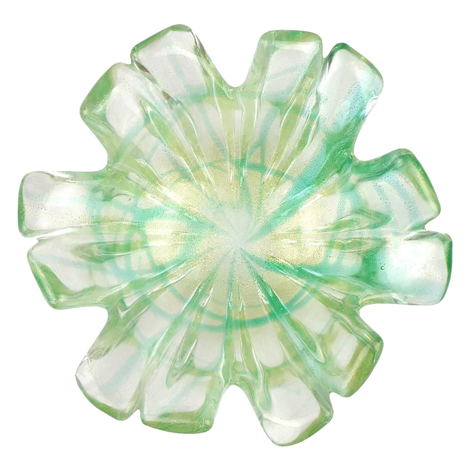 Murano Verde Salpicadura Remolino Motas de Oro Vidrio Artístico Italiano Forma de Flor Cuencos