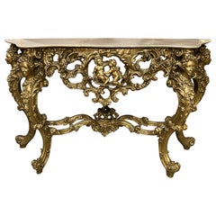 Louis XV Stil Marmorplatte geschnitzt Giltwood Konsole w / Cherub & figuralen Dekoration