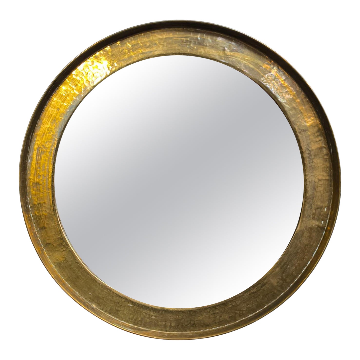 Golden Hammered Rim Round Wall Mirror Vintage 1960s