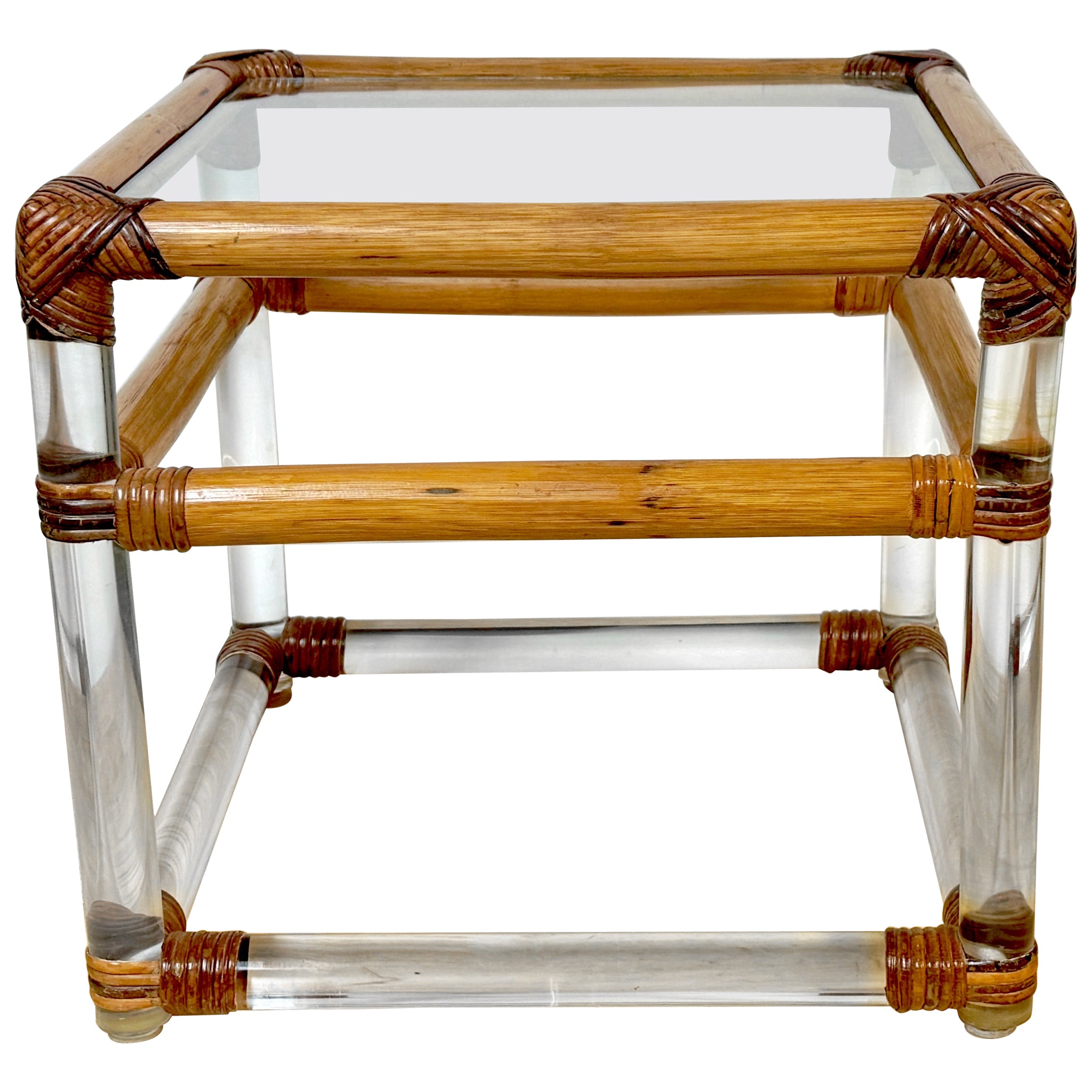 Tavolino da tavolo e da bibita a cubo in lucite montato su bambù degli anni '70, stile Crespi