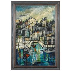 Vibrant Mid-Century Oil Painting Cityscape Abstract, Unsigned