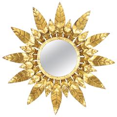 Spanish Hollywood Regency Style Gold Leaf Gilt Iron Sunburst Mirror