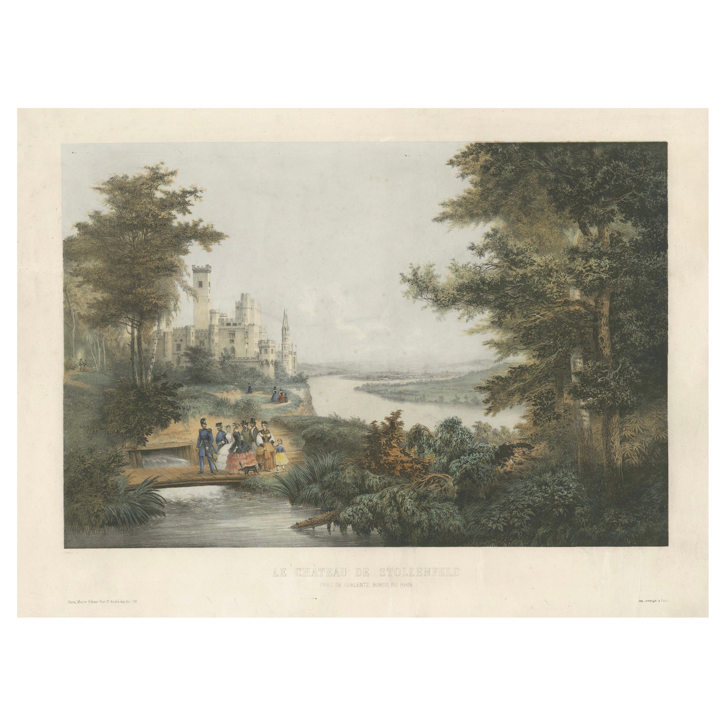 Il castello di Stolzenfels sul Reno, grande cromolitografia, 1840