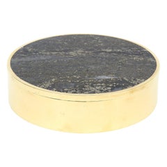 Vintage Signed Norwegian Stone and Brass Round Box Desk Accessory