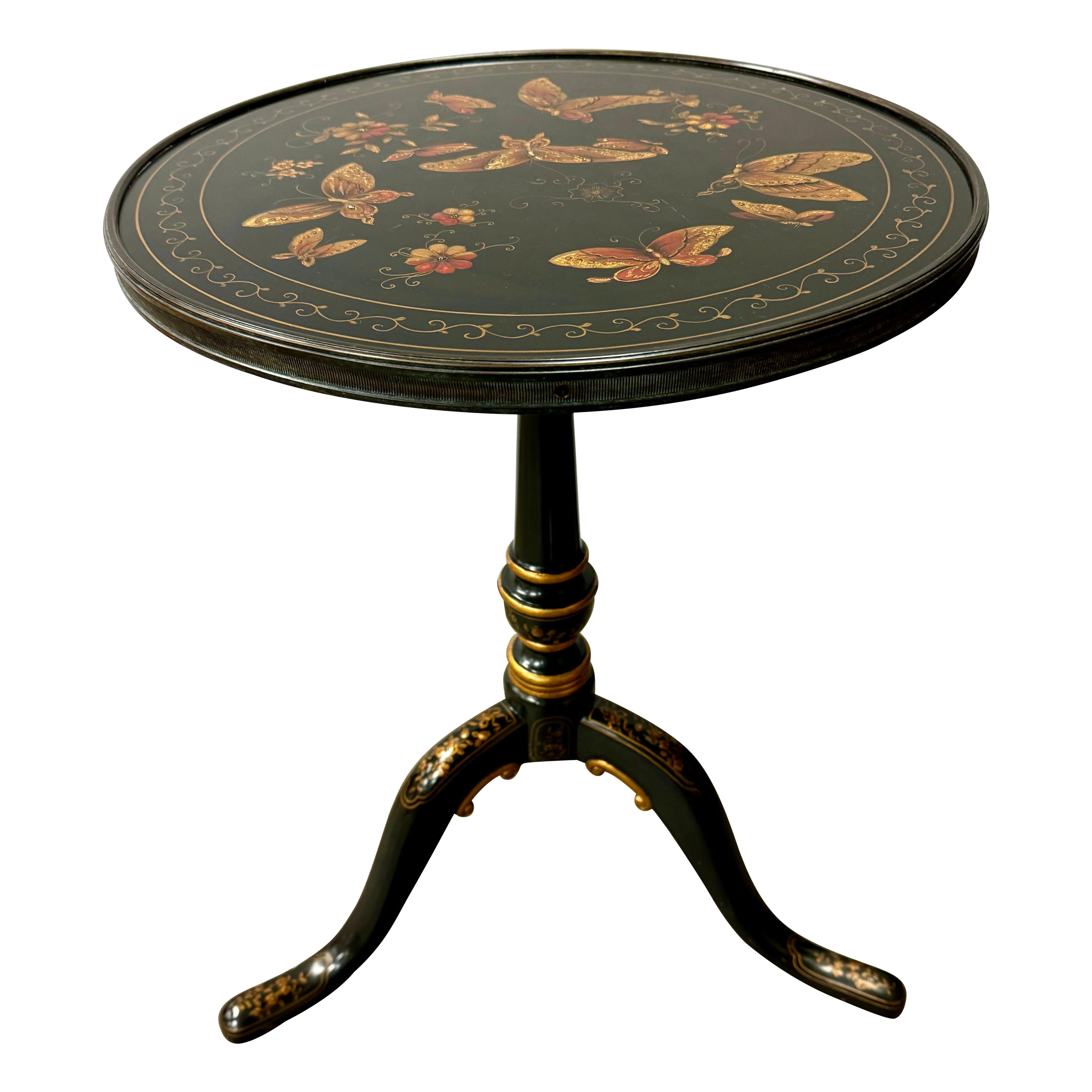 Theodore Alexander Lacquered Butterfly Round Pedestal Side End Tripod Table