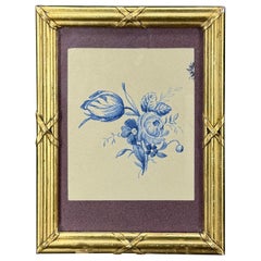 Small Watercolor Art of Blue Roses in Gilt Wood Ribbon Frame, 1920's