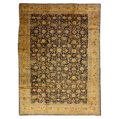 Oversized Antique Malayer Wool Rug Handmade In Dark Blue With Allovern Pattern