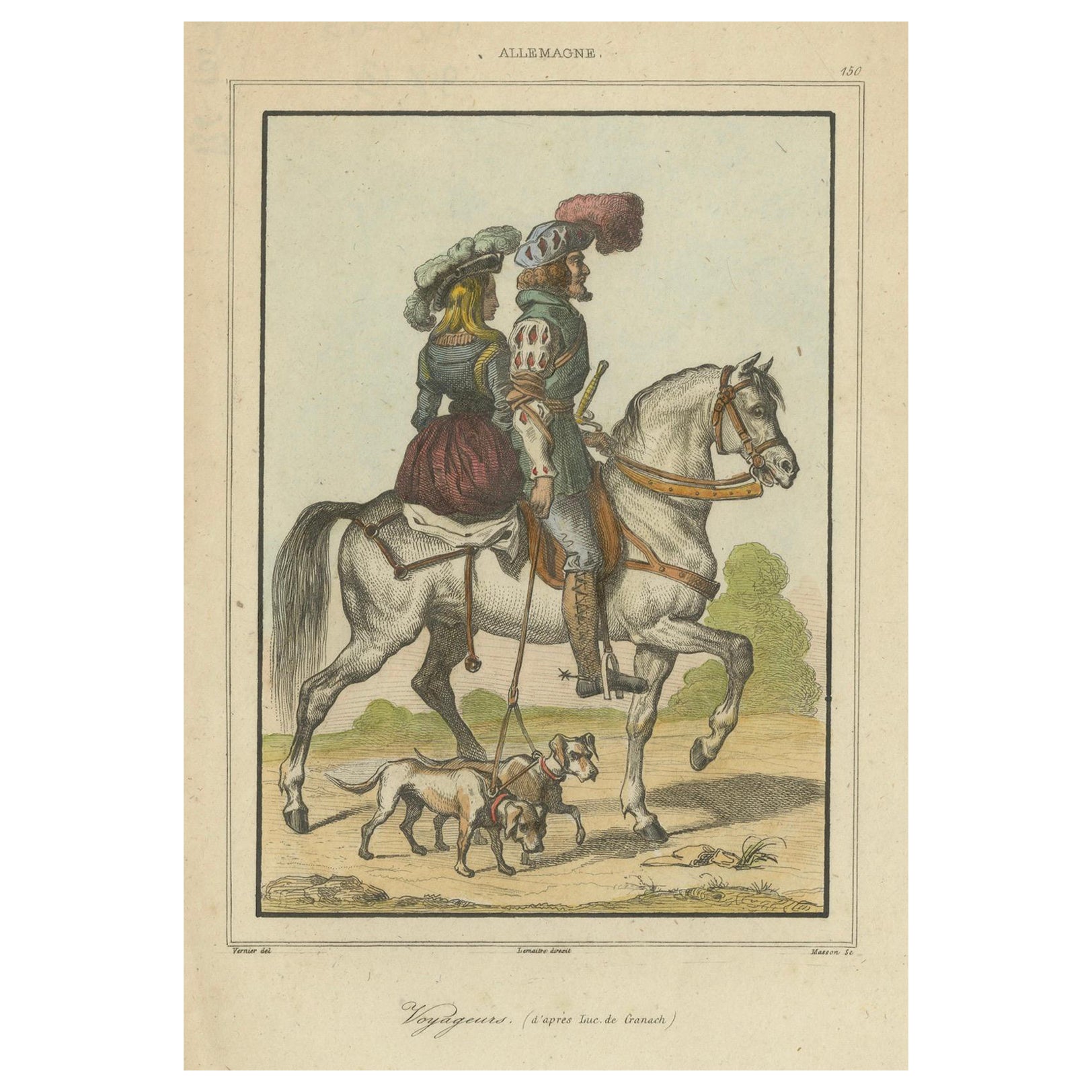 Romantic German Travelers on Horseback - 1840 Hand-Colored Engraving