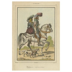 Antique Romantic German Travelers on Horseback - 1840 Hand-Colored Engraving