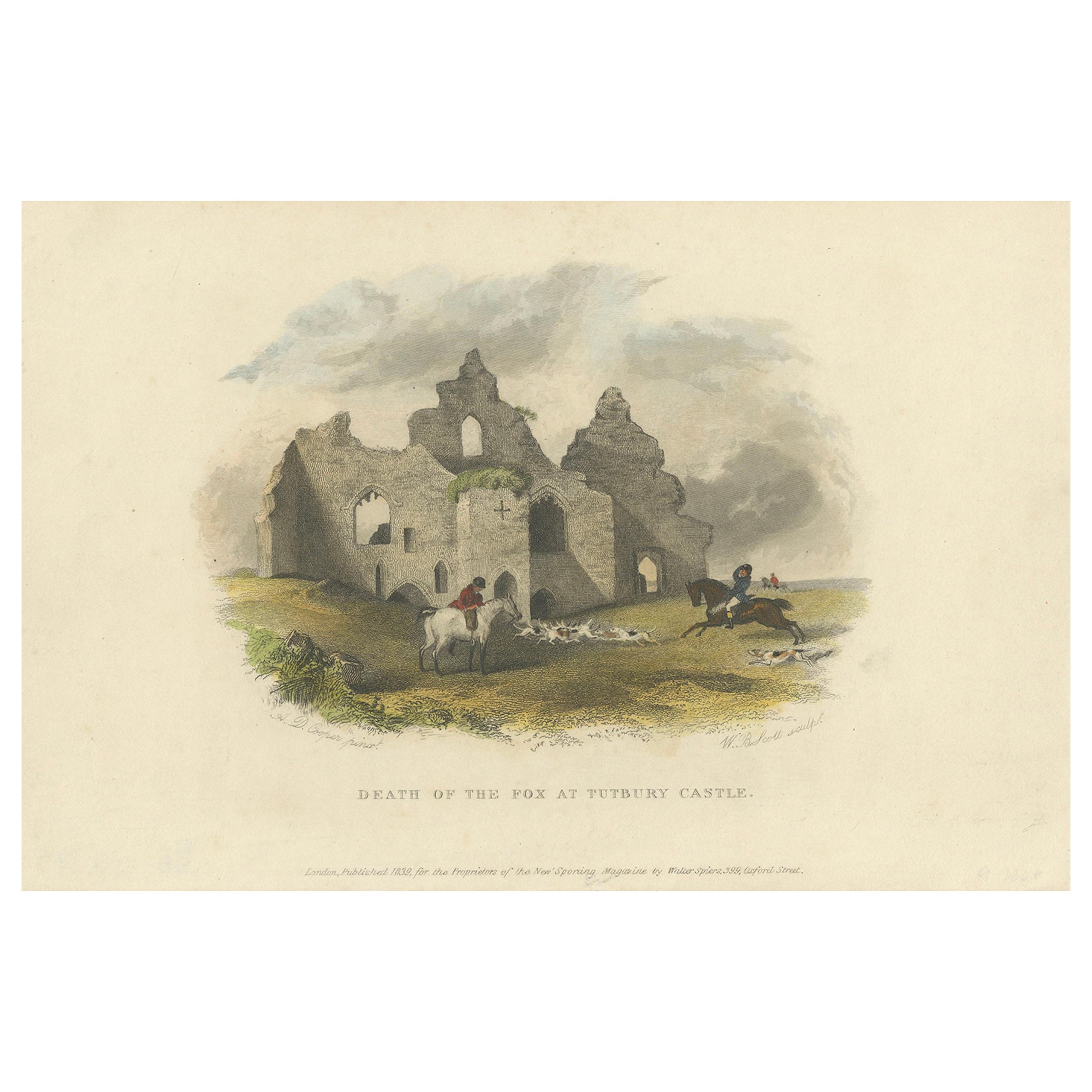 Incisione colorata a mano del 1832 - "La morte della volpe al castello di Tutbury" di W. B. Scot