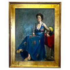 Pittura ad olio originale firmata Ritratto di donna seduta in abito blu Metà secolo