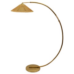 Mid-Century Modern Brass & Rattan Arc Floor Lamp, Italy 1950s