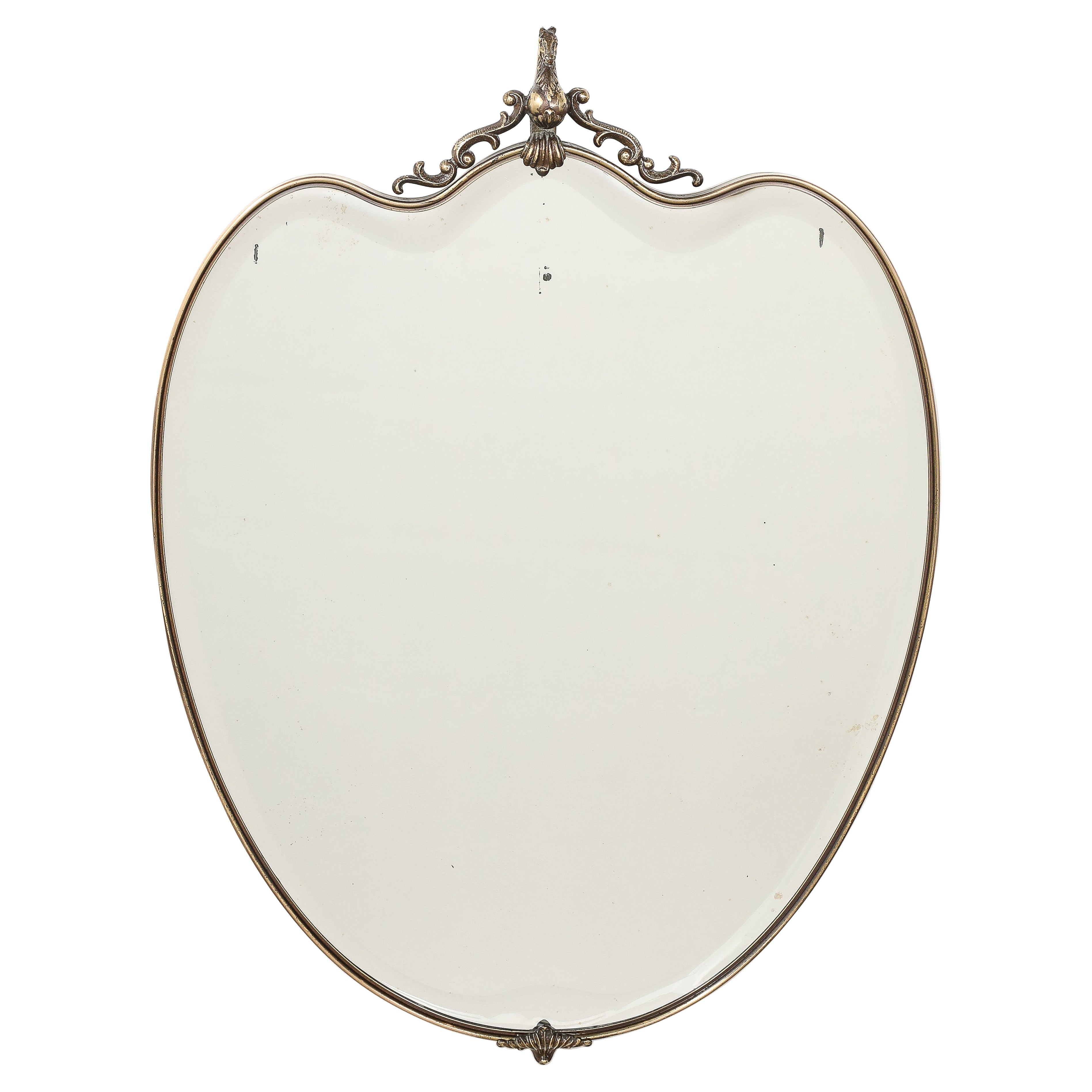 Italian 1950's Brass Shaped Wall Mirror with Horse Sculpture For Sale