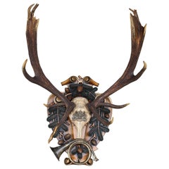 Antique German Red Stag from Eulenburg Hunt of 1892 with Original Fürst-Pless Hunt Horn