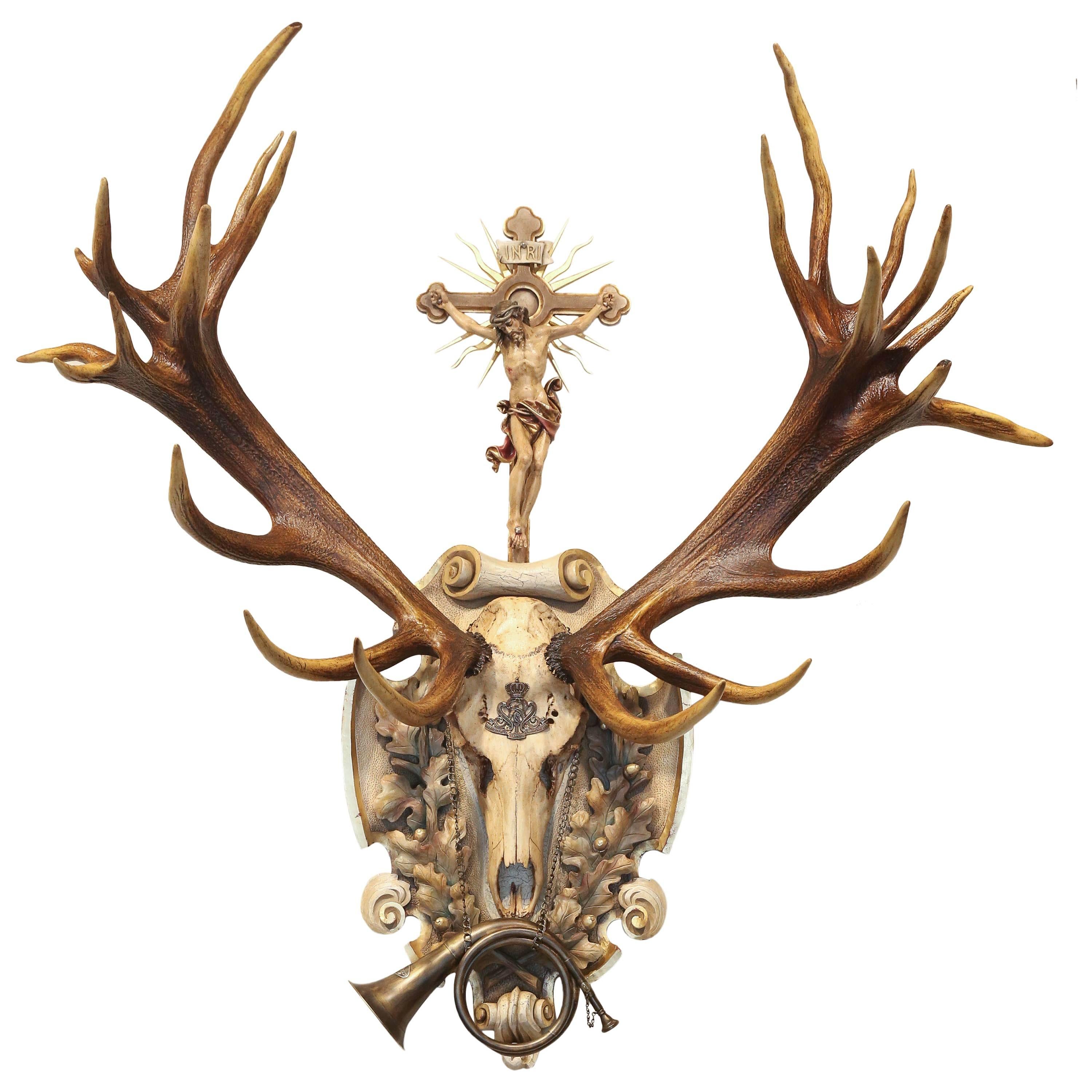 19th Century St. Hubertus Red Stag Hunting Trophy with Fürst Pless Horn
