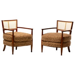 Sillas de salón con respaldo de caña estilo Edward Wormley de mediados del siglo XX en camel rizado