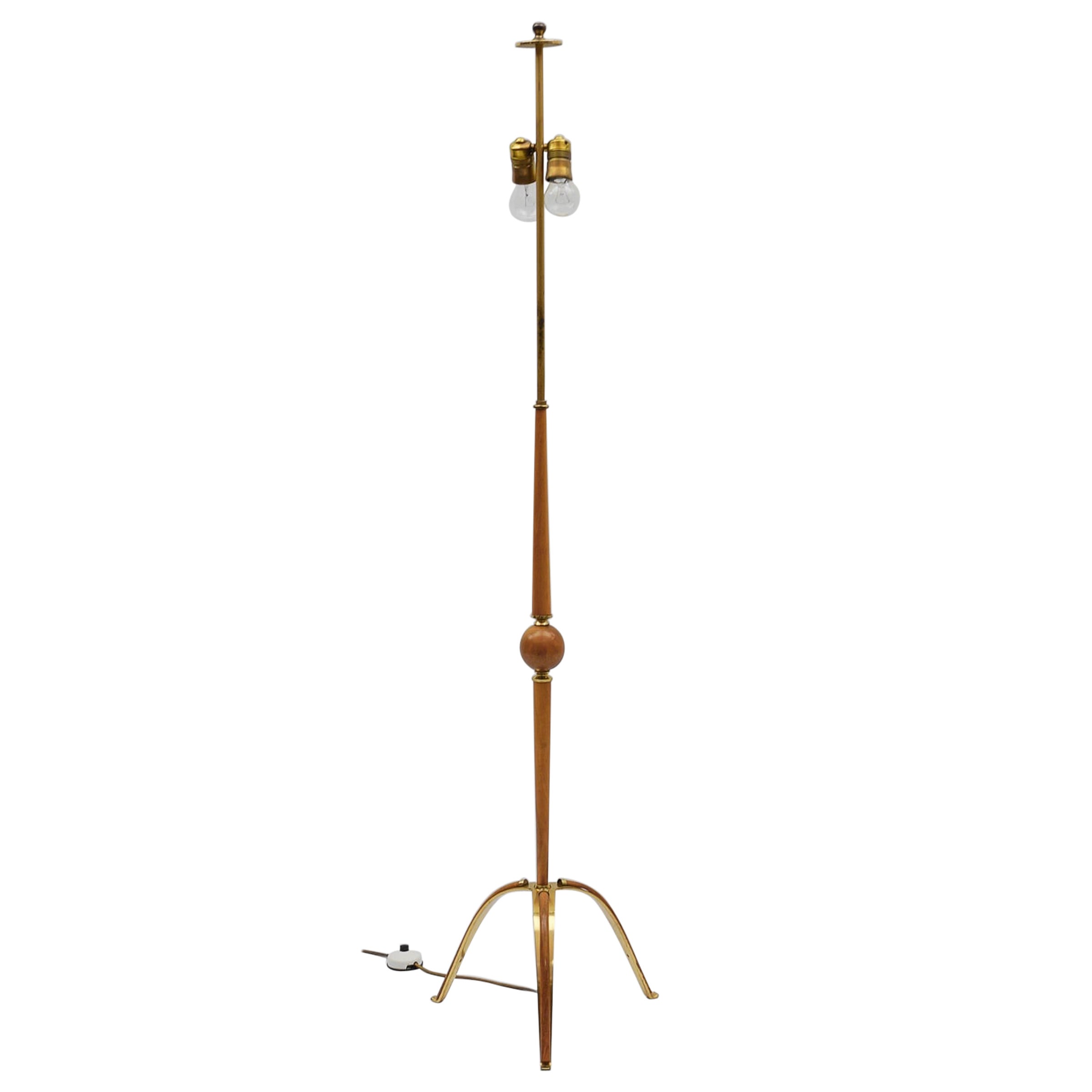 Awesome Tripod Cherry Wood and Brass Floor Lamp, 1950s